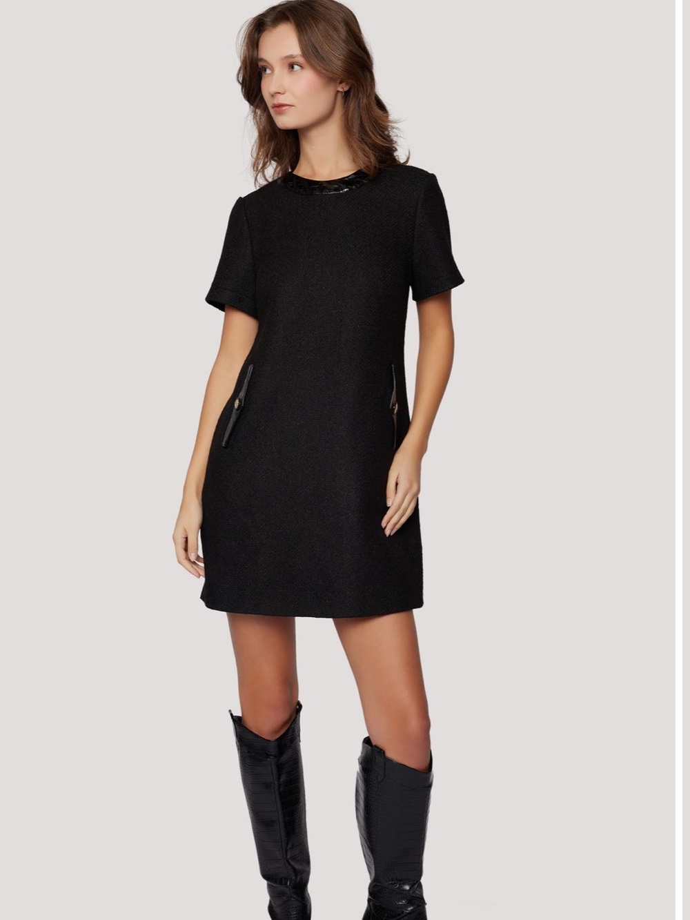 Lost + Wander Alessia Bouclé Mini Dress | Black | Size Small | Faux Leather Trim